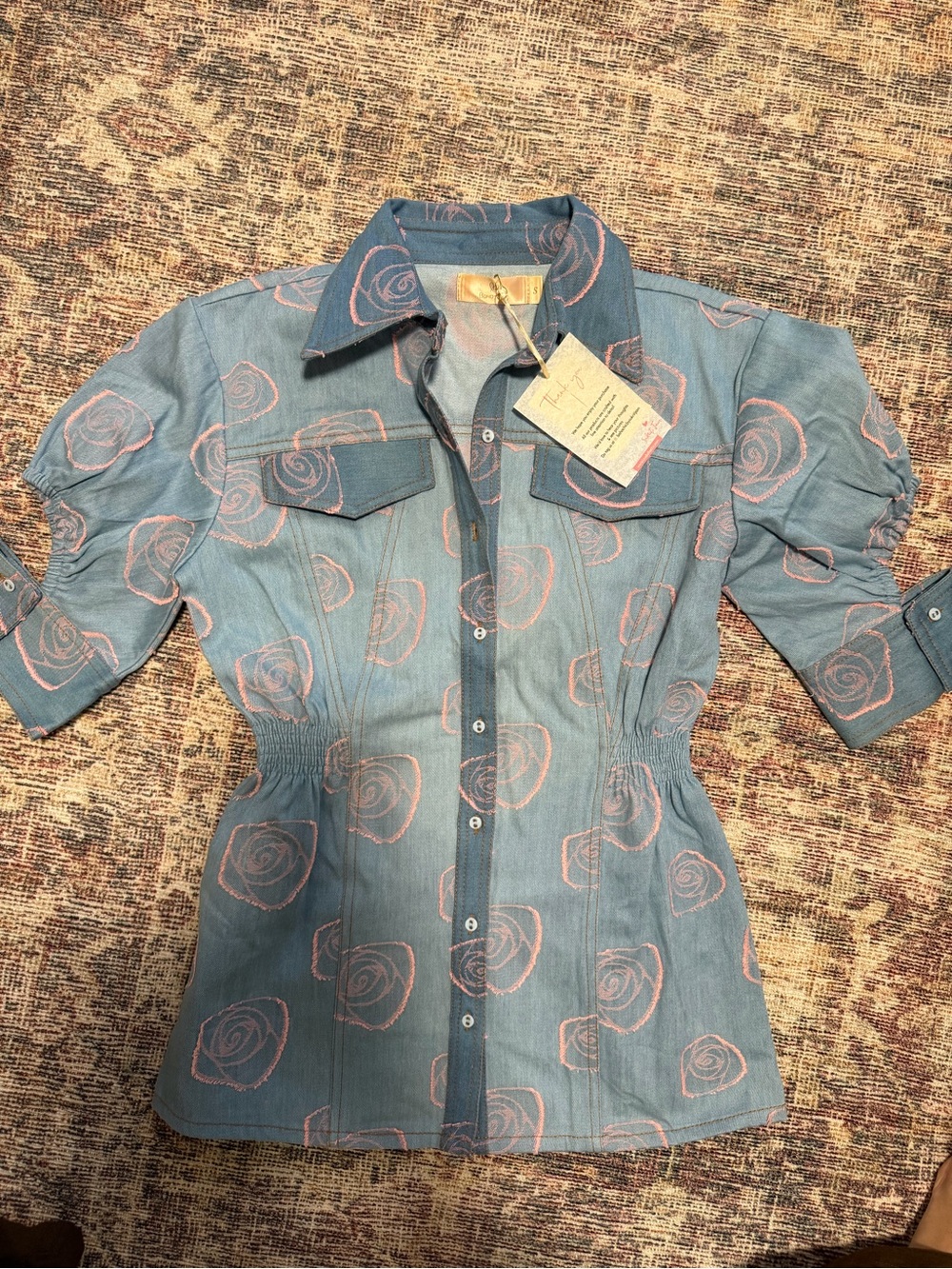 Womens Blue Denim Pink Rose-Print Button Front Shirt